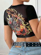 ICON Solid Color Short Sleeve Y2K Back to School Women Black T-Shirt with Chinese Dragon Print