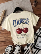 My Best Friend Is My Cherry Design Fruit Print round Neck T-Shirt for Women