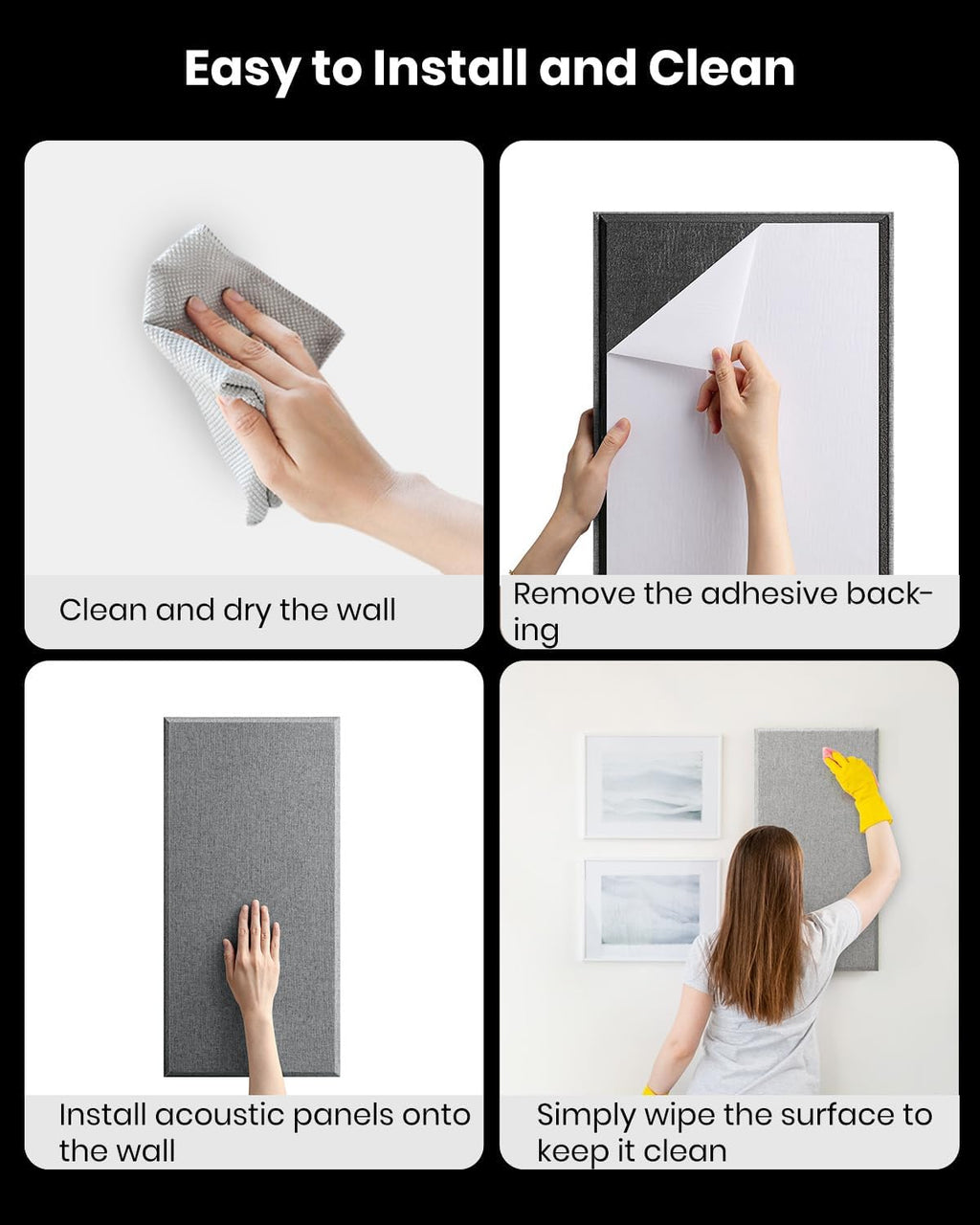 Acoustic Panels 4 PCS, 2.4“ Thick Fiberglass Soundproof Wall Panels 24''X12'', Self-Adhesive Sound Absorbing Panels for Studios, Office, Home Theater (Gray)