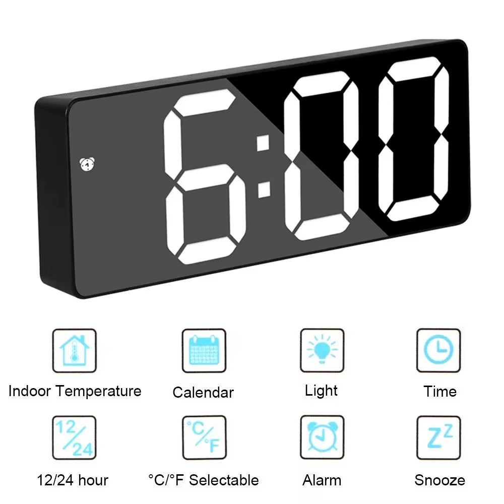 Smart Alarm Clock Bedside Table Led Alarm Clock Digital Children'S Electronic Alarm Clock Curved Screen Mirror Temperature