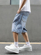 Manfinity EMRG Men'S Loose Fit Casual Denim Bermuda Shorts with Pockets, Summer Denim Shorts Jorts