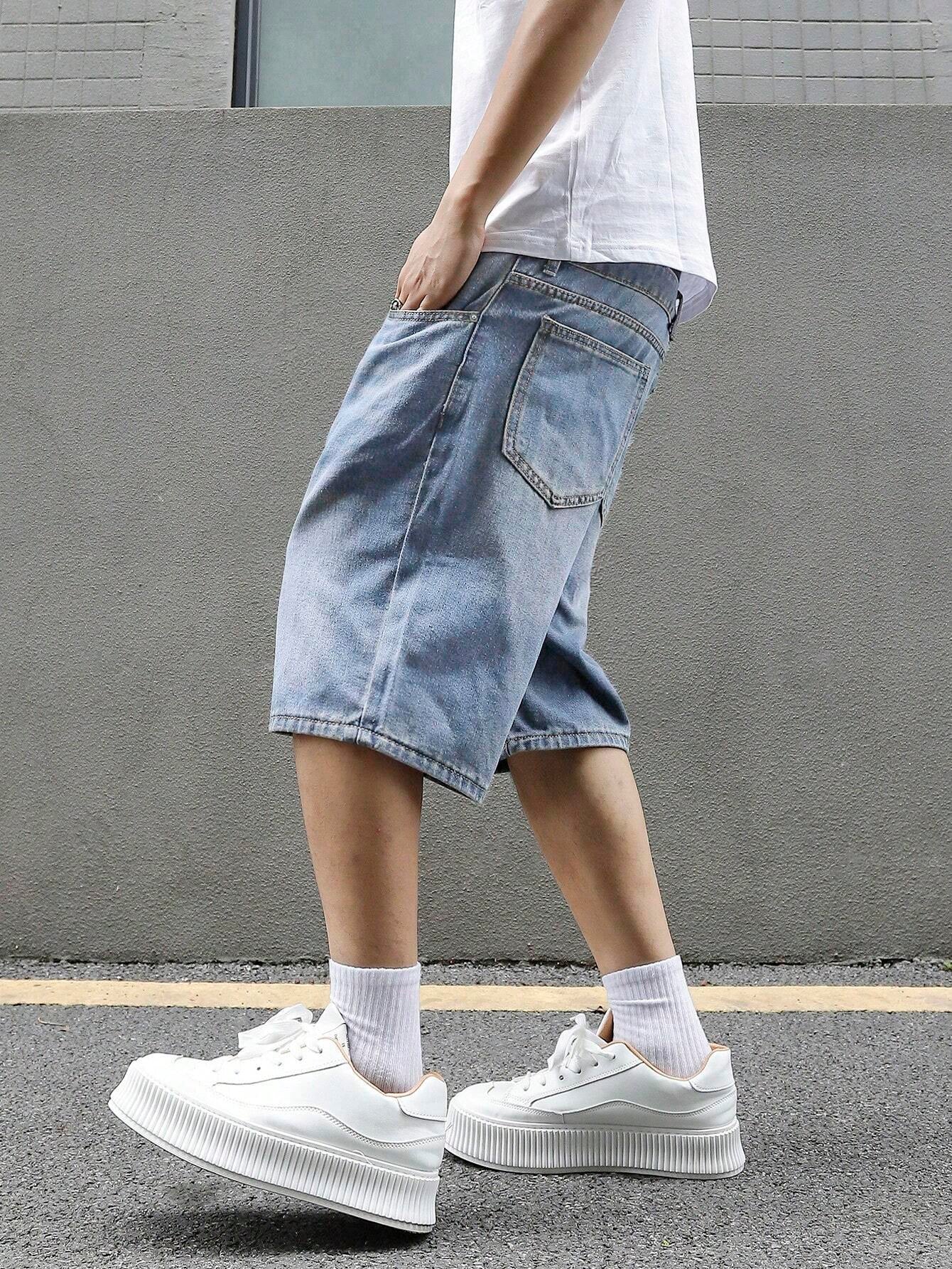 Manfinity EMRG Men'S Loose Fit Casual Denim Bermuda Shorts with Pockets, Summer Denim Shorts Jorts