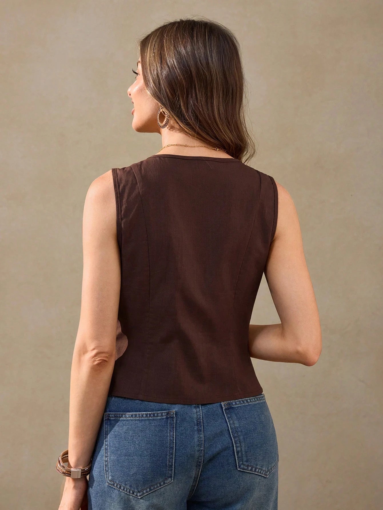 Wildy Casual Vacation French Retro Coffee Color Cotton Cardigan Cotton Brown Tops Office Outfits for Women Western Wear Women Brown Top Brown Tops Business Casual Woman Casual Tops Frenchy Tank Tops Western