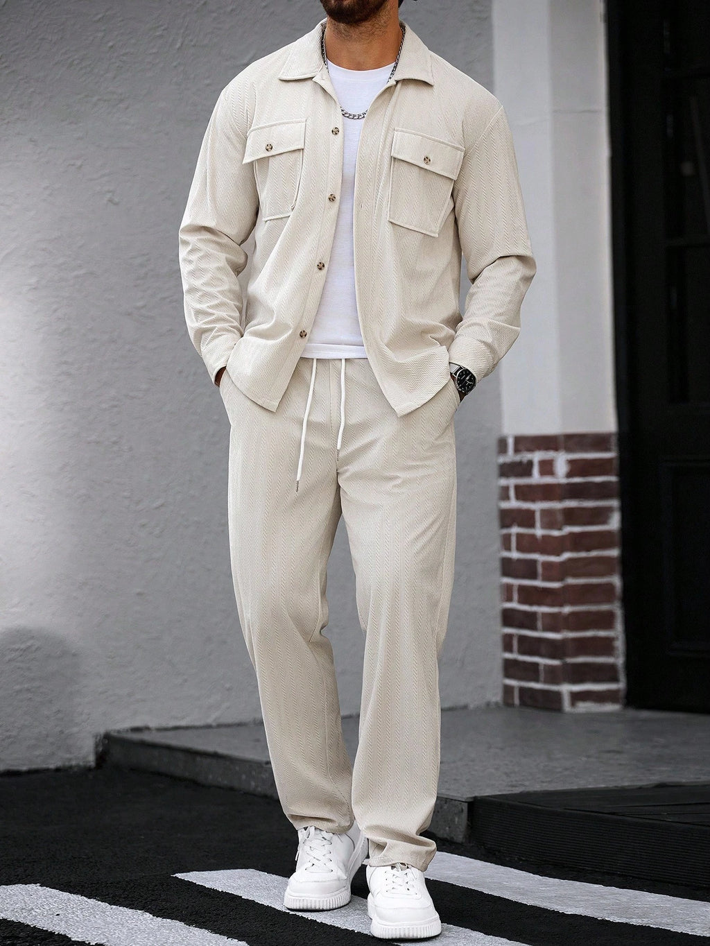 Manfinity Casualcool 2Pcs Set Men Corduroy Long Sleeve Work Shirt & Pants, Fall Clothes