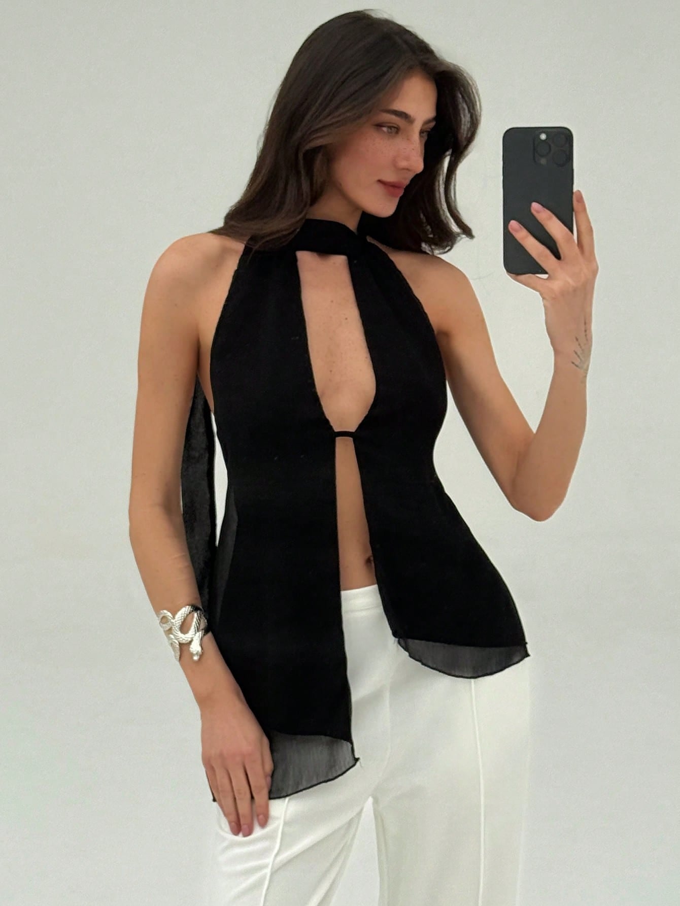 Aloruh Women Sexy Asymmetric Hem Backless Halter Neck Top,Rave Top