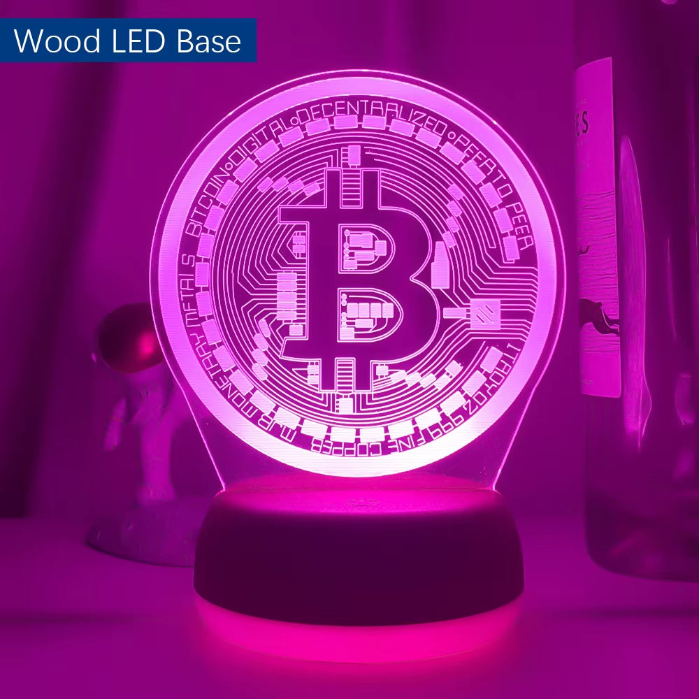 Acrylic Led Night Light Bitcoin for Room Decorative Nightlight Touch Sensor 7 Color Changing Battery Powered Table Night Lamp 3D