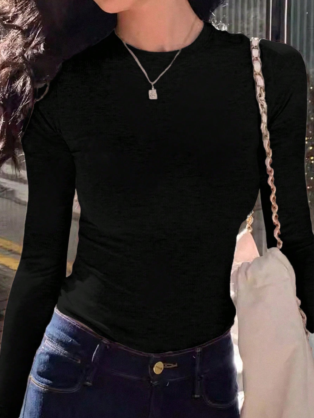 INAWLY Women'S Solid Black Crew Neck Long Sleeve Simple T-Shirt, Casual Everyday Wear Fall Cloth for Women