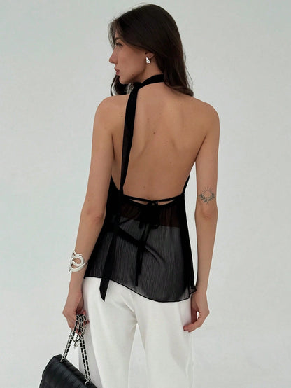 Aloruh Women Sexy Asymmetric Hem Backless Halter Neck Top,Rave Top