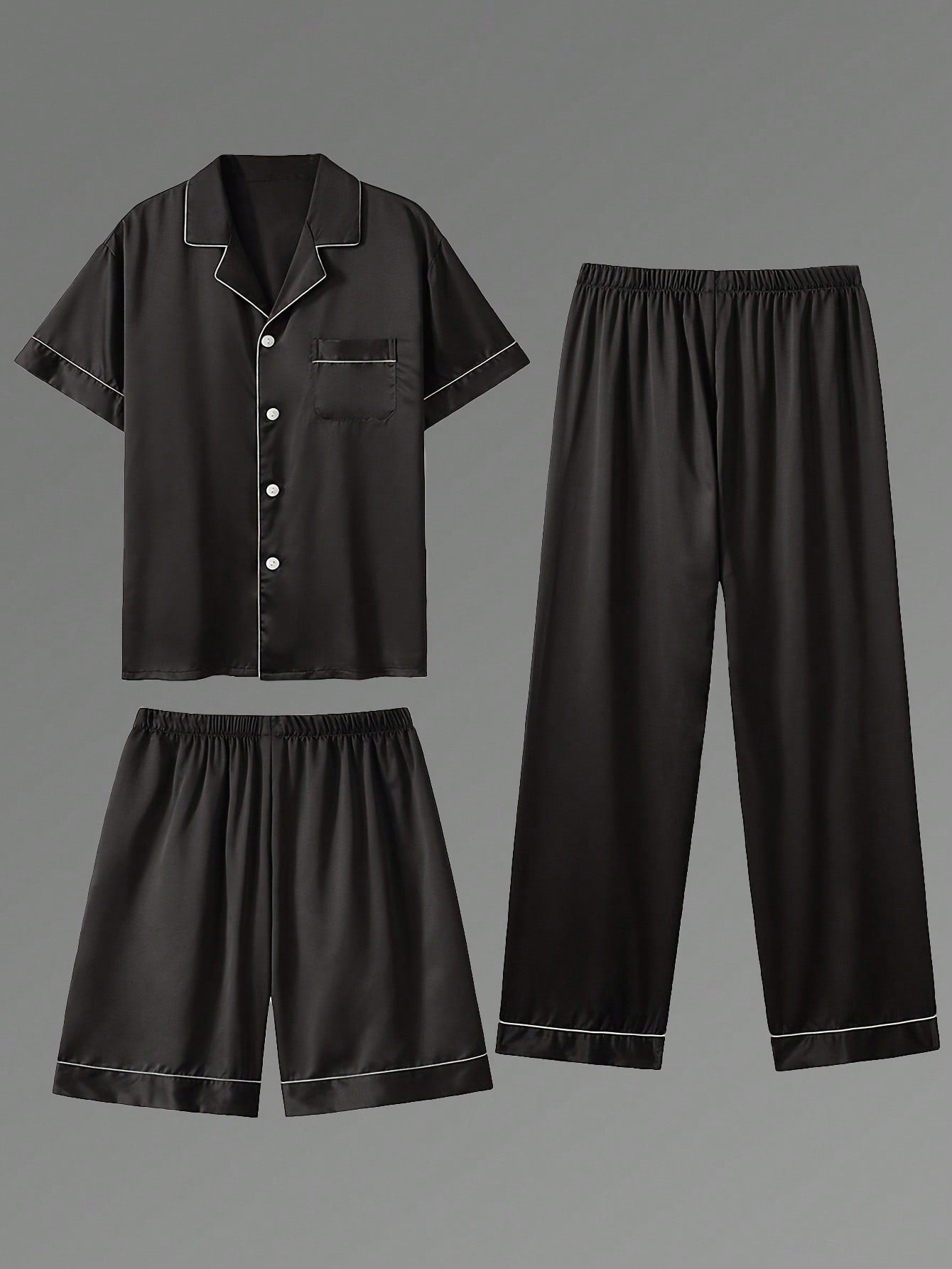 3Pcs Casual Men'S Short Sleeve T-Shirt, Shorts & Pants 3 Pieces Pajama Set