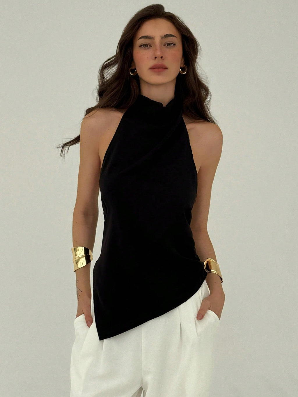 Aloruh Women'S Solid Color Asymmetrical Hem Halter Neck Top,Rave Top