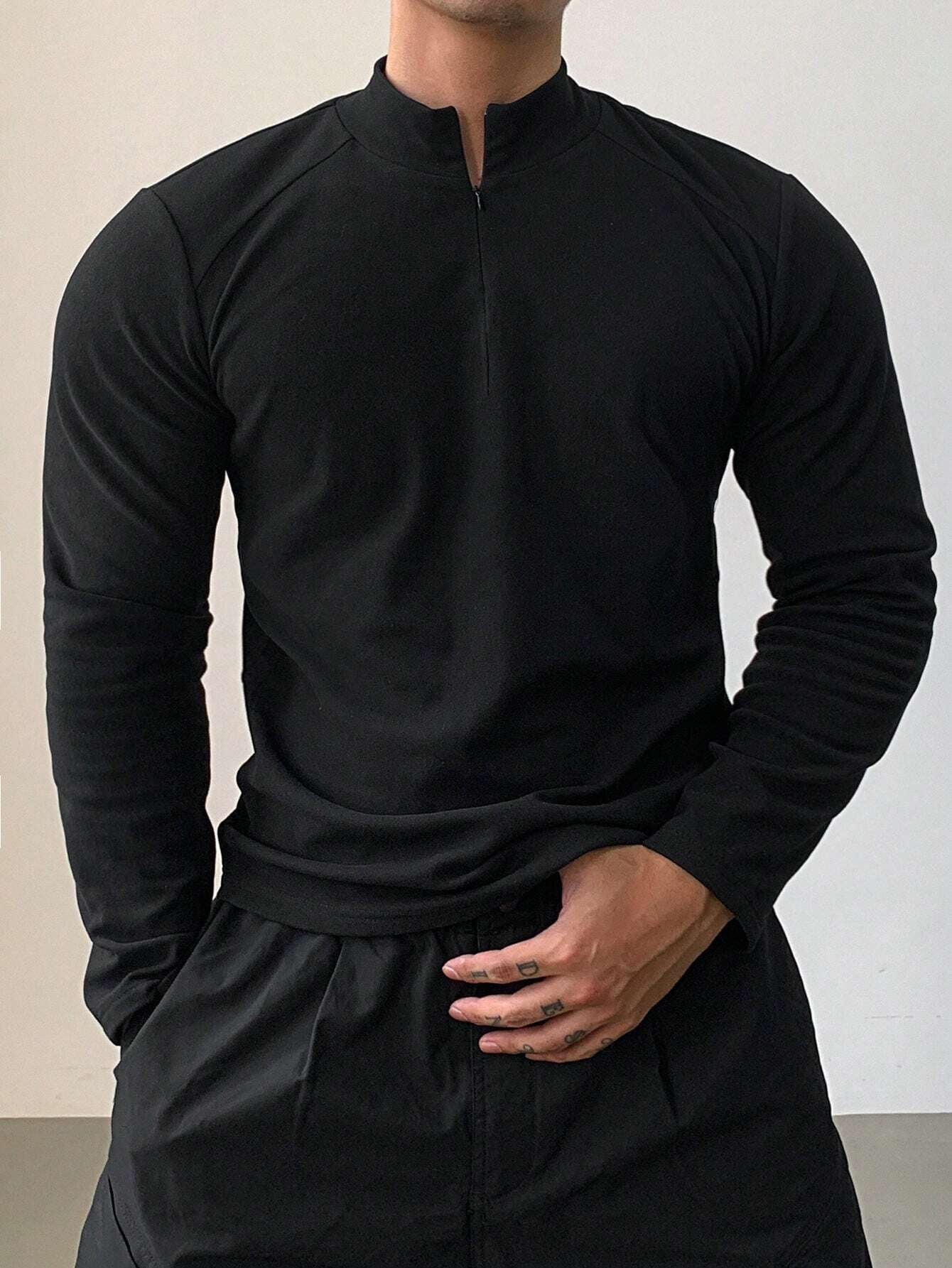DAZY Men'S Solid Color Stand Collar Zipper Long Sleeve Slim Fit Sports T-Shirt, Autumn, Fall
