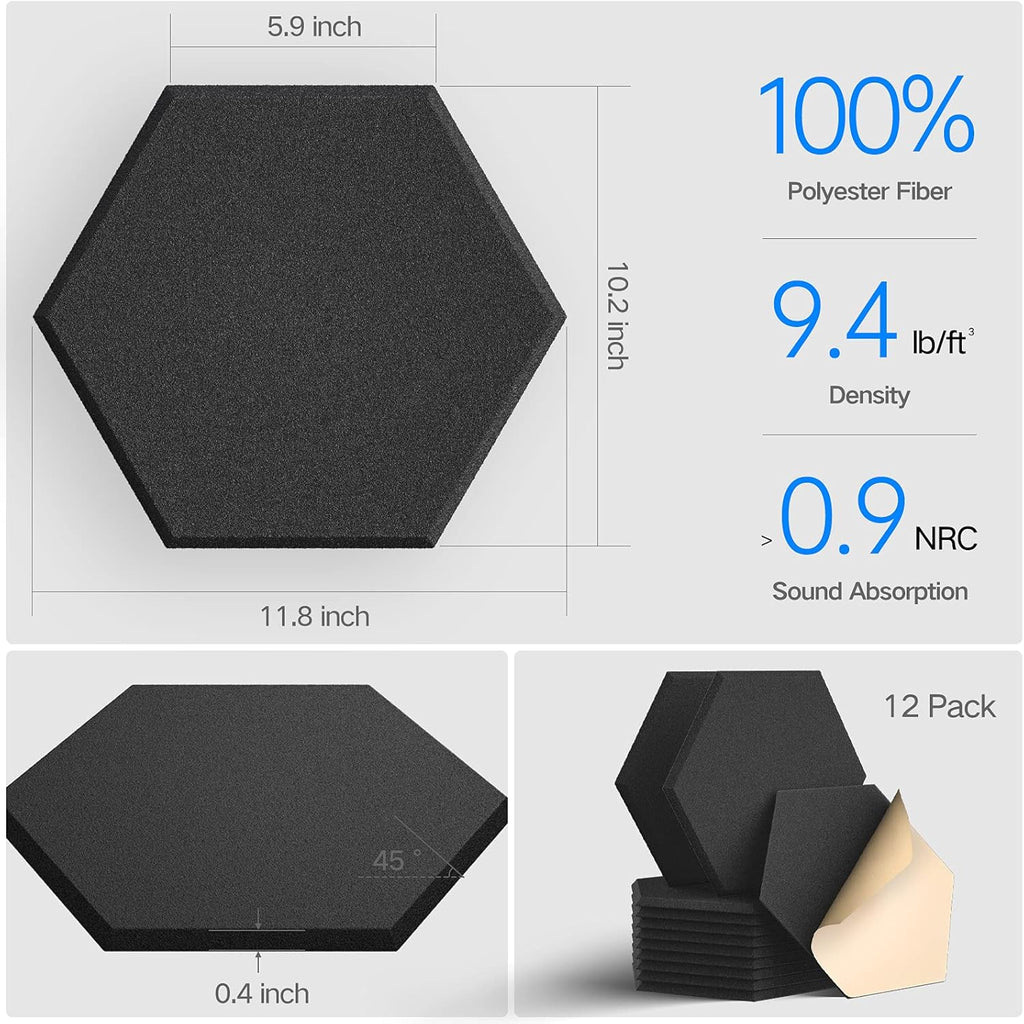 12 Pack Self-Adhesive Acoustic Panels 12" X 10" X 0.4" - Sound Proof Foam Panels with High Density, Stylish Hexagonal Design, Flame Resistant, Absorb Noise and Eliminate Echoes(Black)