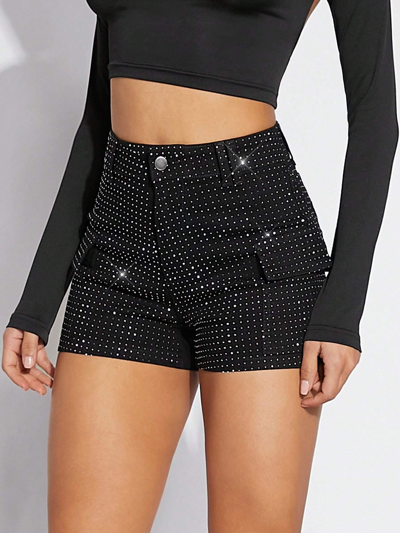 Denimoi Women'S Black Rhinestone Dot Flap Pocket Shorts, Denim Shorts, for Going Out, Party, Country Concert Outfit, Rave Festival Outfit, Clubwear