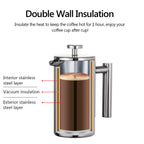 350Ml/800Ml/1000Ml Coffee Maker Pot French Press Coffee Maker Stainless Steel Double Walled Insulated Coffee Maker Pot