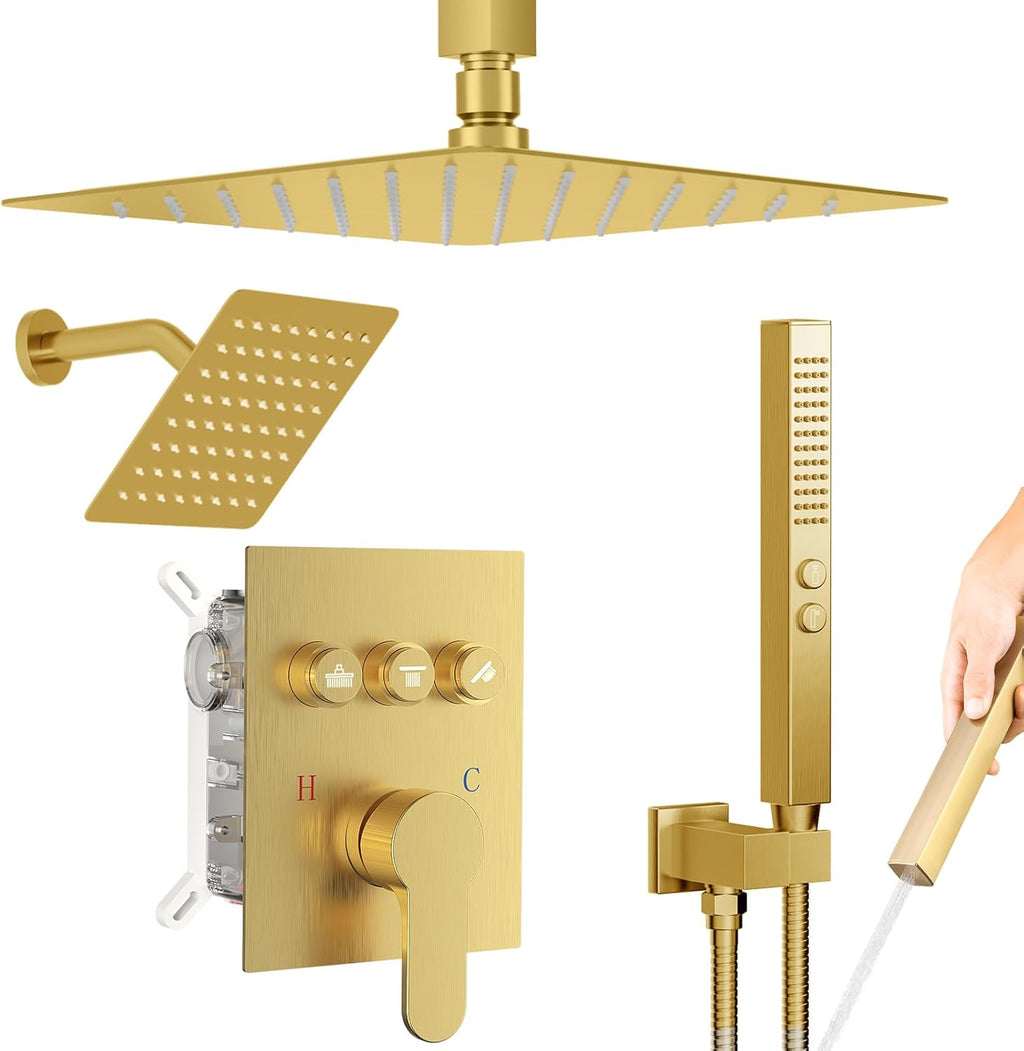 Brushed Gold Shower System,  Ceiling Mounted 12+8 Inch Rainfall Shower Head with 2 in 1 High Pressure Handheld, Can Use All at Once, Push Button Diverter Pressure Balancing Valve with Trim Kit