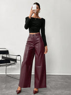 Siren Gaze Women'S Burgundy Red Leather Women Pants Plain Front-Button Minimalist Casual Pants, Daily Wear, Women Bottoms