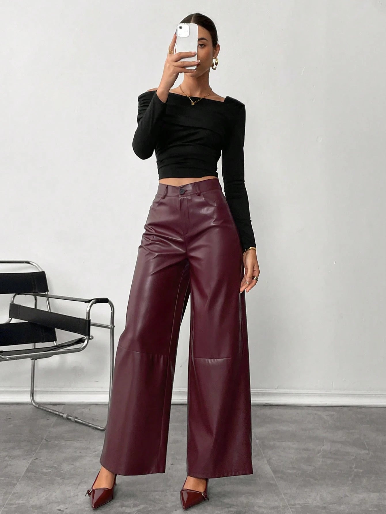 Siren Gaze Women'S Burgundy Red Leather Women Pants Plain Front-Button Minimalist Casual Pants, Daily Wear, Women Bottoms