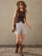 Wildy Casual Vacation French Retro Coffee Color Cotton Cardigan Cotton Brown Tops Office Outfits for Women Western Wear Women Brown Top Brown Tops Business Casual Woman Casual Tops Frenchy Tank Tops Western