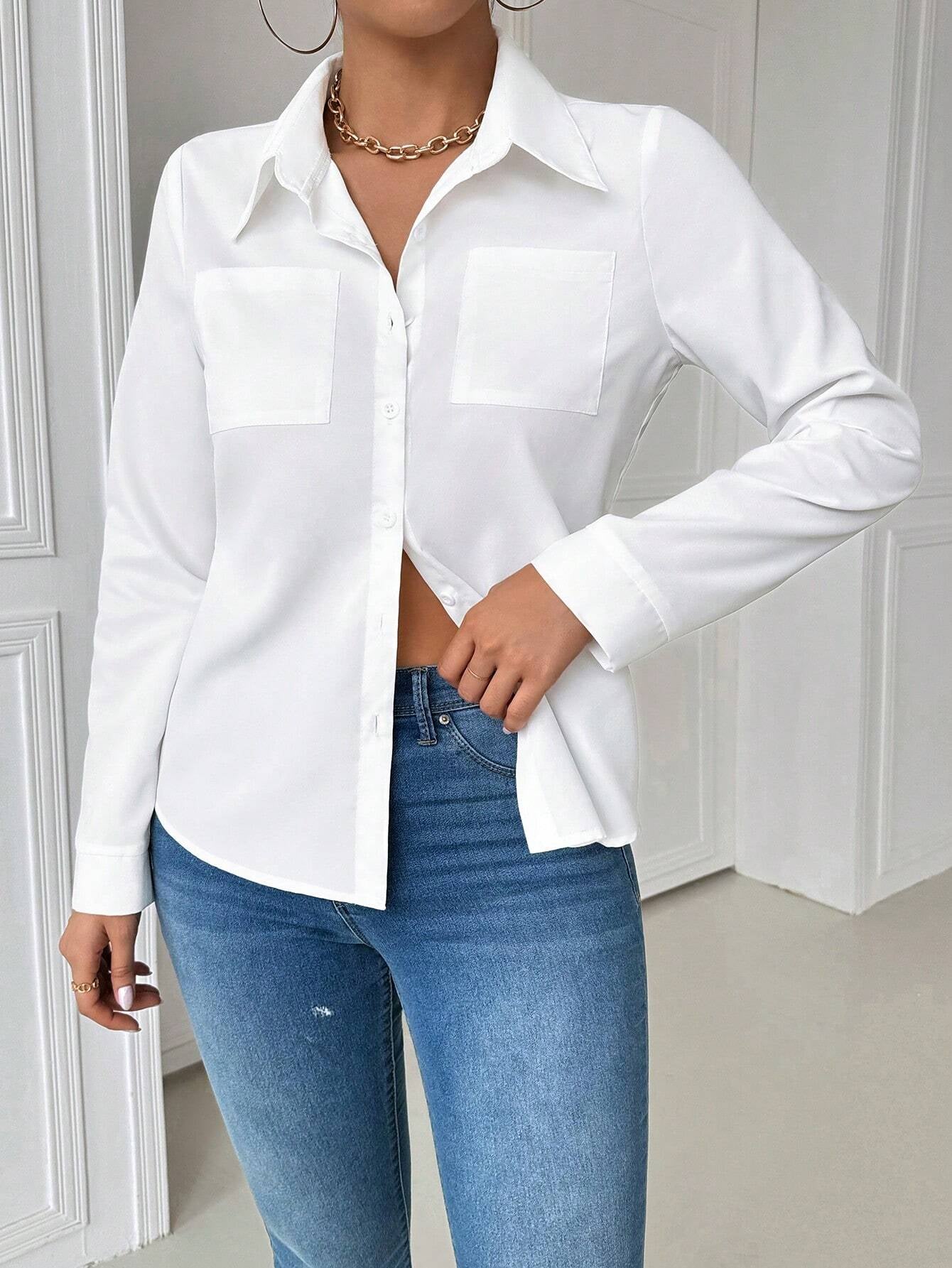INAWLY Casual Collared Pocket Fitted White Long Sleeve Women Blouse Women Shirt Fall Cloth for Women