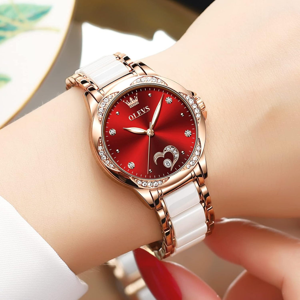 Womens Automatic Watch, Premium Large Face Diamond Accented Self Winding Watches for Women, Fashion Waterproof Ladies Dress Watch, Two Tone Stainless Steel Ceramic Bracelet