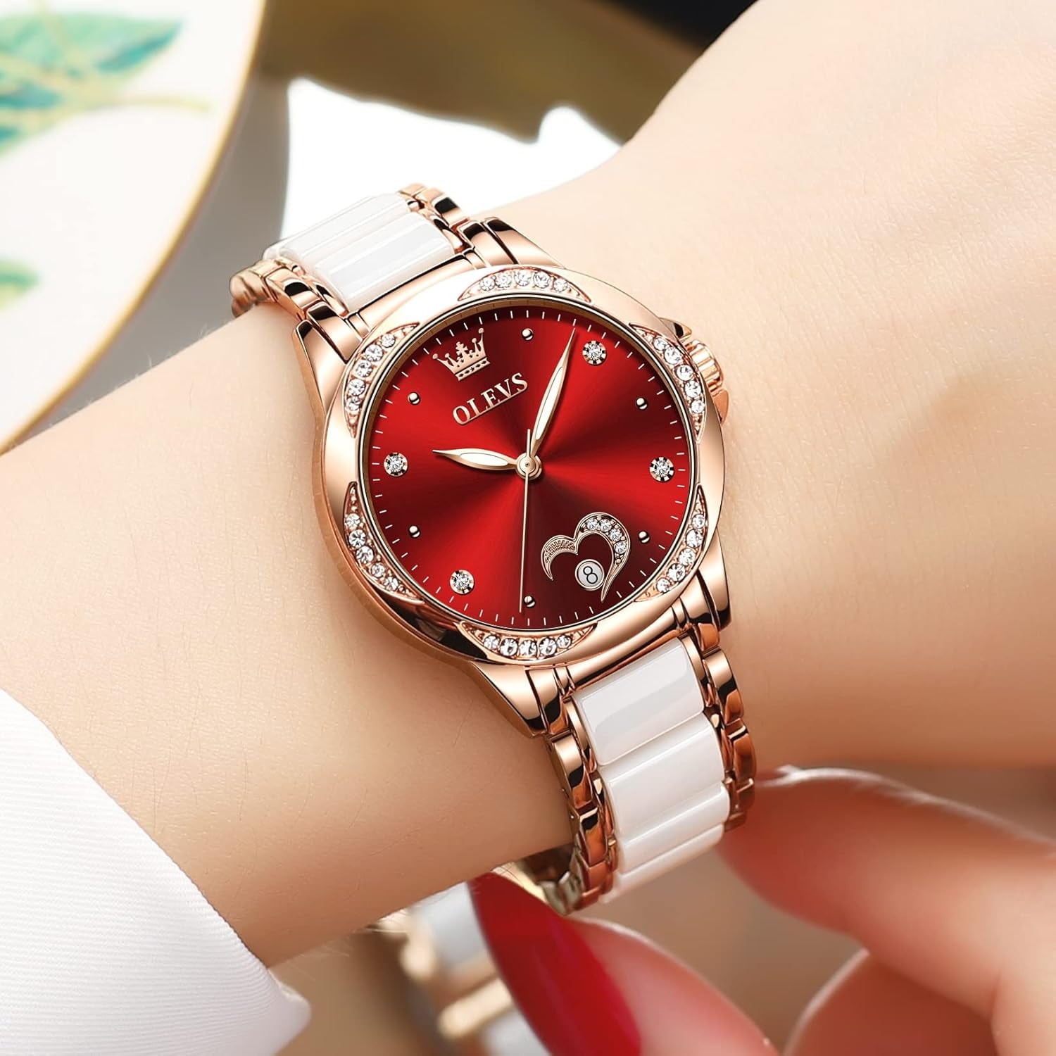 Womens Automatic Watch, Premium Large Face Diamond Accented Self Winding Watches for Women, Fashion Waterproof Ladies Dress Watch, Two Tone Stainless Steel Ceramic Bracelet