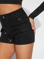 Denimoi Women'S Black Rhinestone Dot Flap Pocket Shorts, Denim Shorts, for Going Out, Party, Country Concert Outfit, Rave Festival Outfit, Clubwear