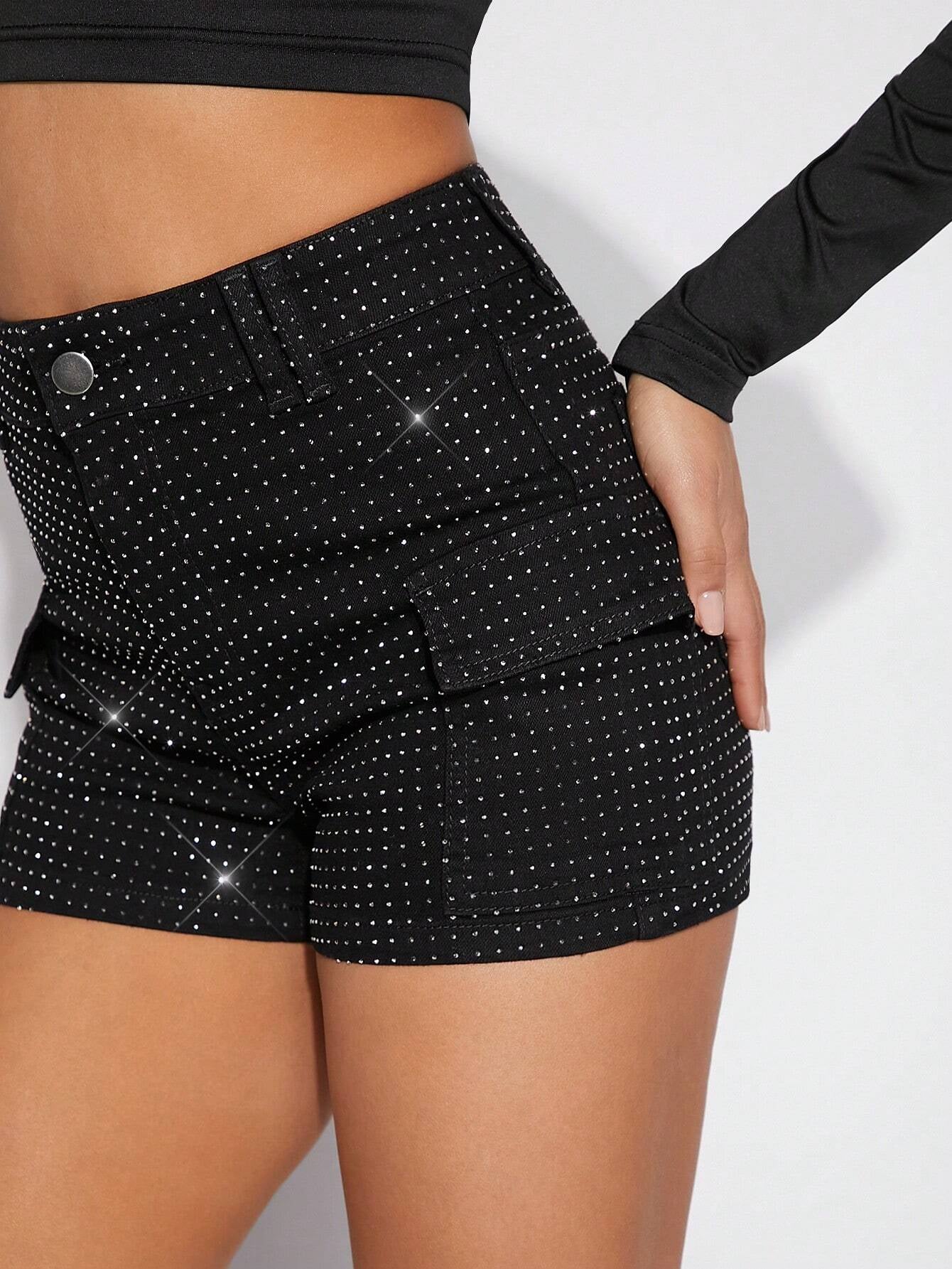 Denimoi Women'S Black Rhinestone Dot Flap Pocket Shorts, Denim Shorts, for Going Out, Party, Country Concert Outfit, Rave Festival Outfit, Clubwear