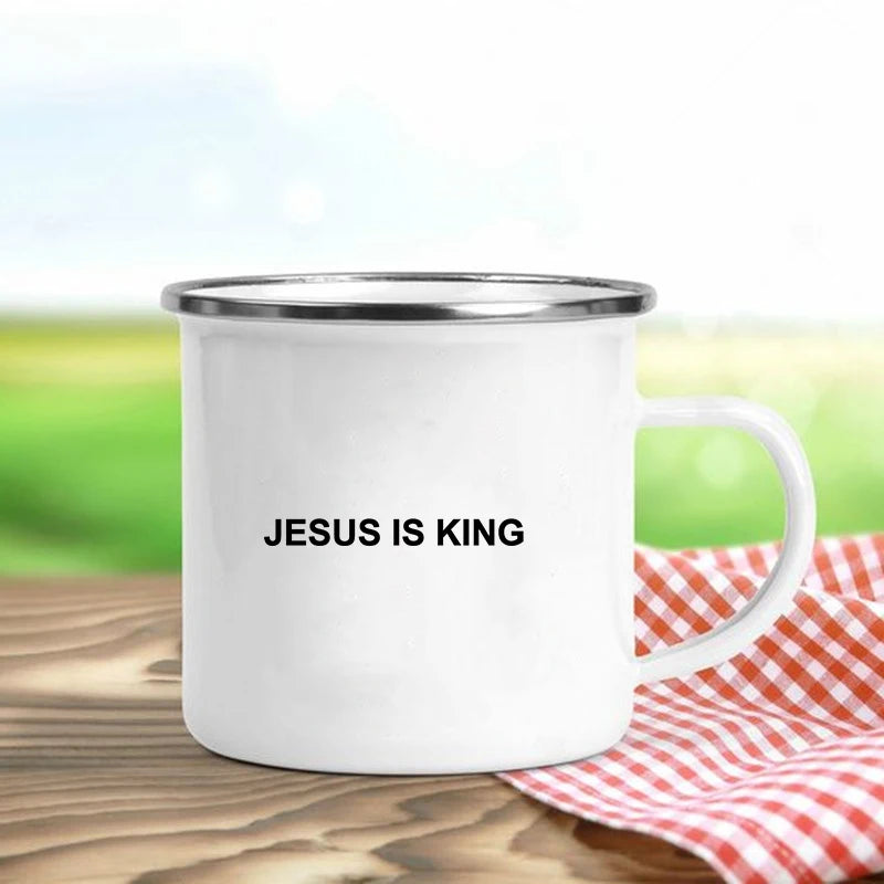 Jesus Is God Print Enamel Mugs Christian Creative Coffee Cups Drink Dessert Breakfast Milk Cup Vintage Mug Handle Drinkware Gift