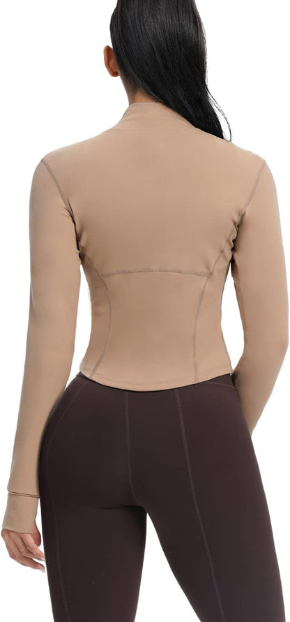 Women'S Cropped Running Workout Jackets Zip Slim Fit Athletic Tops with Thumb Holes