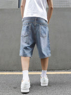 Manfinity EMRG Men'S Loose Fit Casual Denim Bermuda Shorts with Pockets, Summer Denim Shorts Jorts