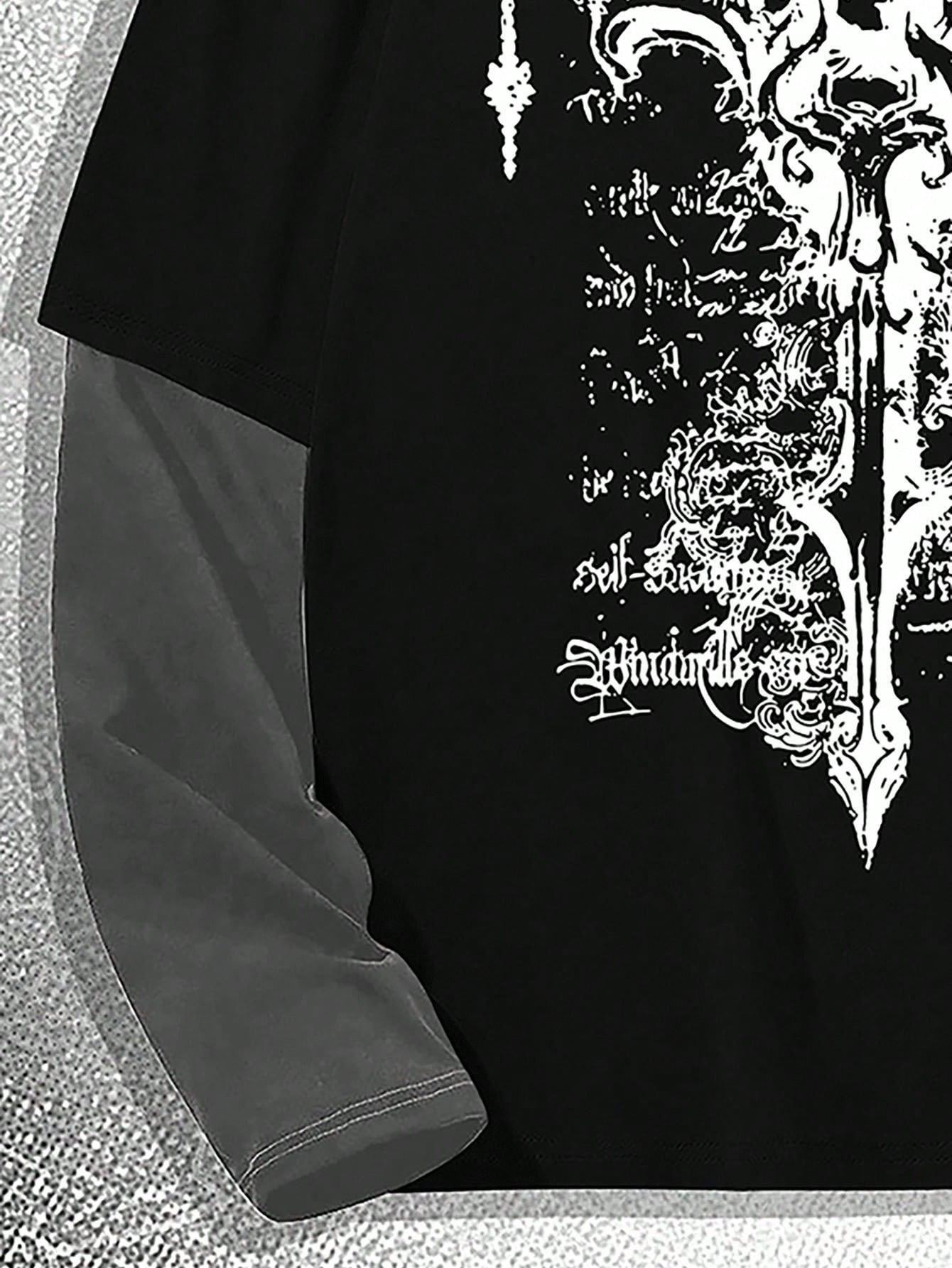 Manfinity Dauomo Men Colorblock round Neck Long Sleeve Graphic Print Casual T-Shirt, Fall