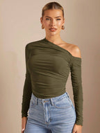 BAE 1Pc Women Solid Asymmetric Draped Sheer Fitted Long Sleeve Top