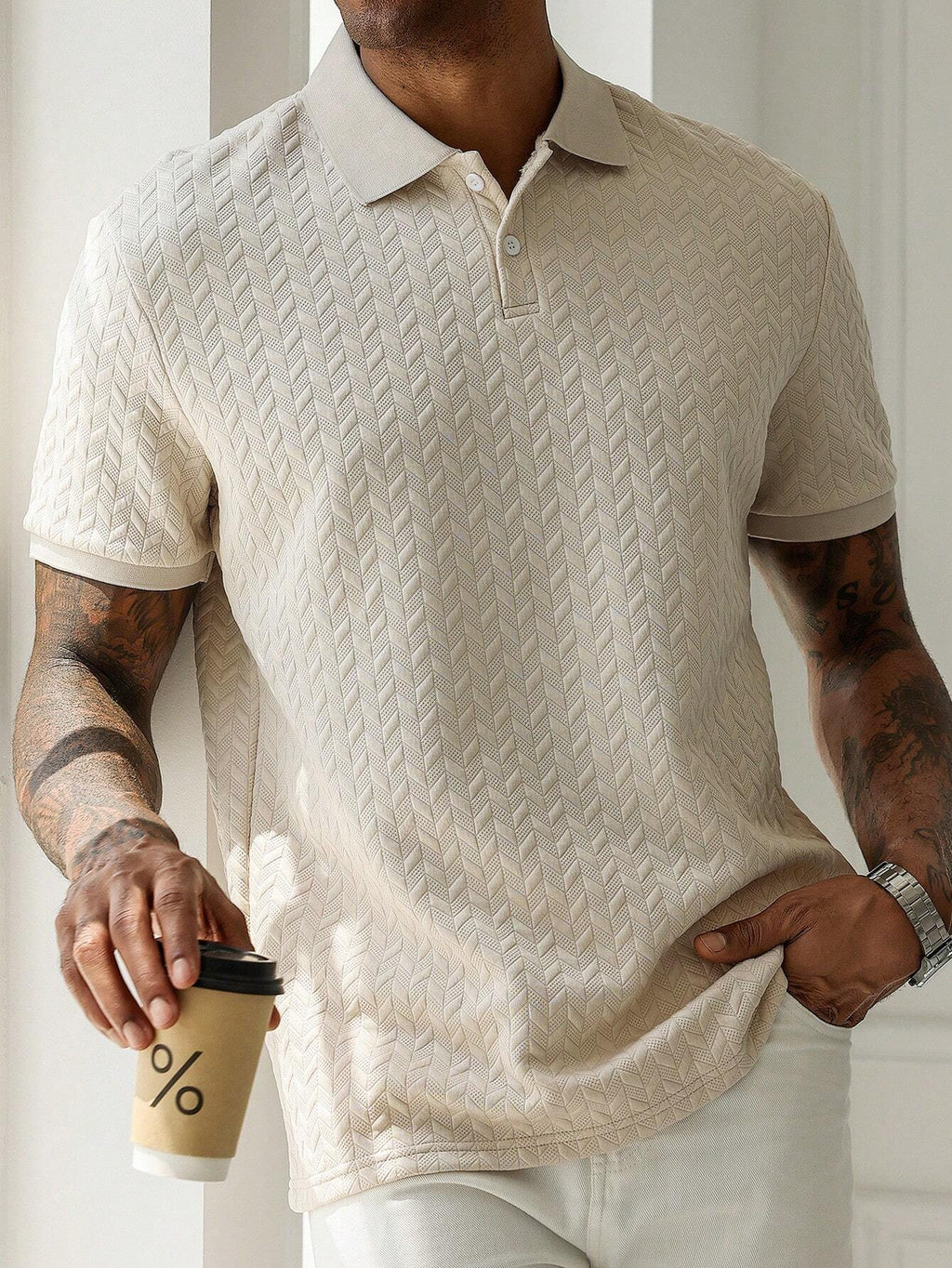 Manfinity Homme Men'S Vacation Casual Style with an Ins-Inspired Look. a Geometric Diamond-Textured Jacquard Knit Short-Sleeve Khaki Polo Shirt with a Button Placket, Perfect for Music Festivals and Hawaiian Beach Vacations, as Well as Everyday Wear-An Ideal Gift for a Boyfriend or Husband. Offers a French Elegance and Romance. Men'S Apricot Geometric Stripe Textured Casual Polo Shirt, Polos for Men , Polo Shirts for Men Collar