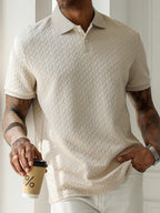 Manfinity Homme Men'S Vacation Casual Style with an Ins-Inspired Look. a Geometric Diamond-Textured Jacquard Knit Short-Sleeve Khaki Polo Shirt with a Button Placket, Perfect for Music Festivals and Hawaiian Beach Vacations, as Well as Everyday Wear-An Ideal Gift for a Boyfriend or Husband. Offers a French Elegance and Romance. Men'S Apricot Geometric Stripe Textured Casual Polo Shirt, Polos for Men , Polo Shirts for Men Collar