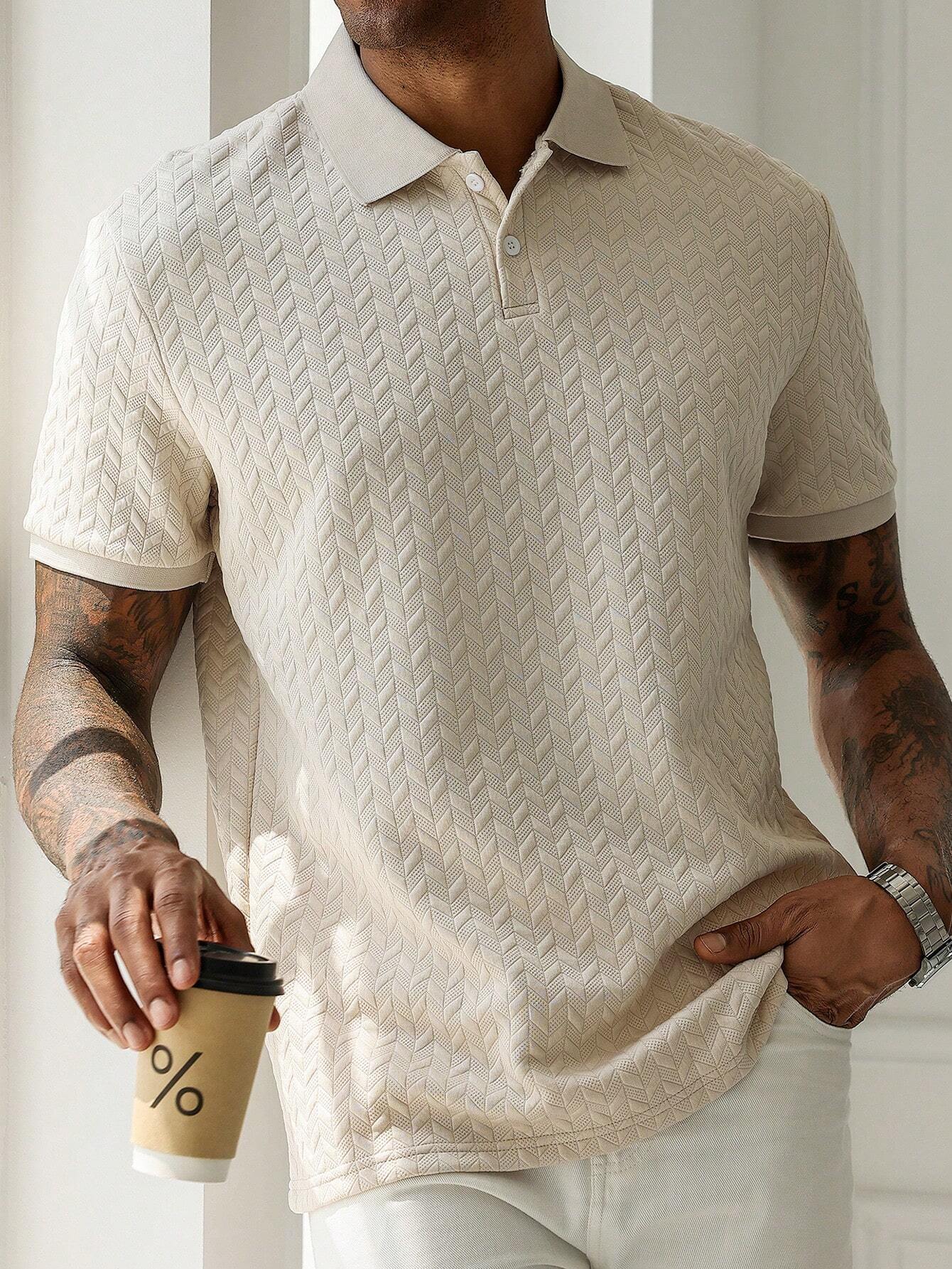 Manfinity Homme Men'S Vacation Casual Style with an Ins-Inspired Look. a Geometric Diamond-Textured Jacquard Knit Short-Sleeve Khaki Polo Shirt with a Button Placket, Perfect for Music Festivals and Hawaiian Beach Vacations, as Well as Everyday Wear-An Ideal Gift for a Boyfriend or Husband. Offers a French Elegance and Romance. Men'S Apricot Geometric Stripe Textured Casual Polo Shirt, Polos for Men , Polo Shirts for Men Collar