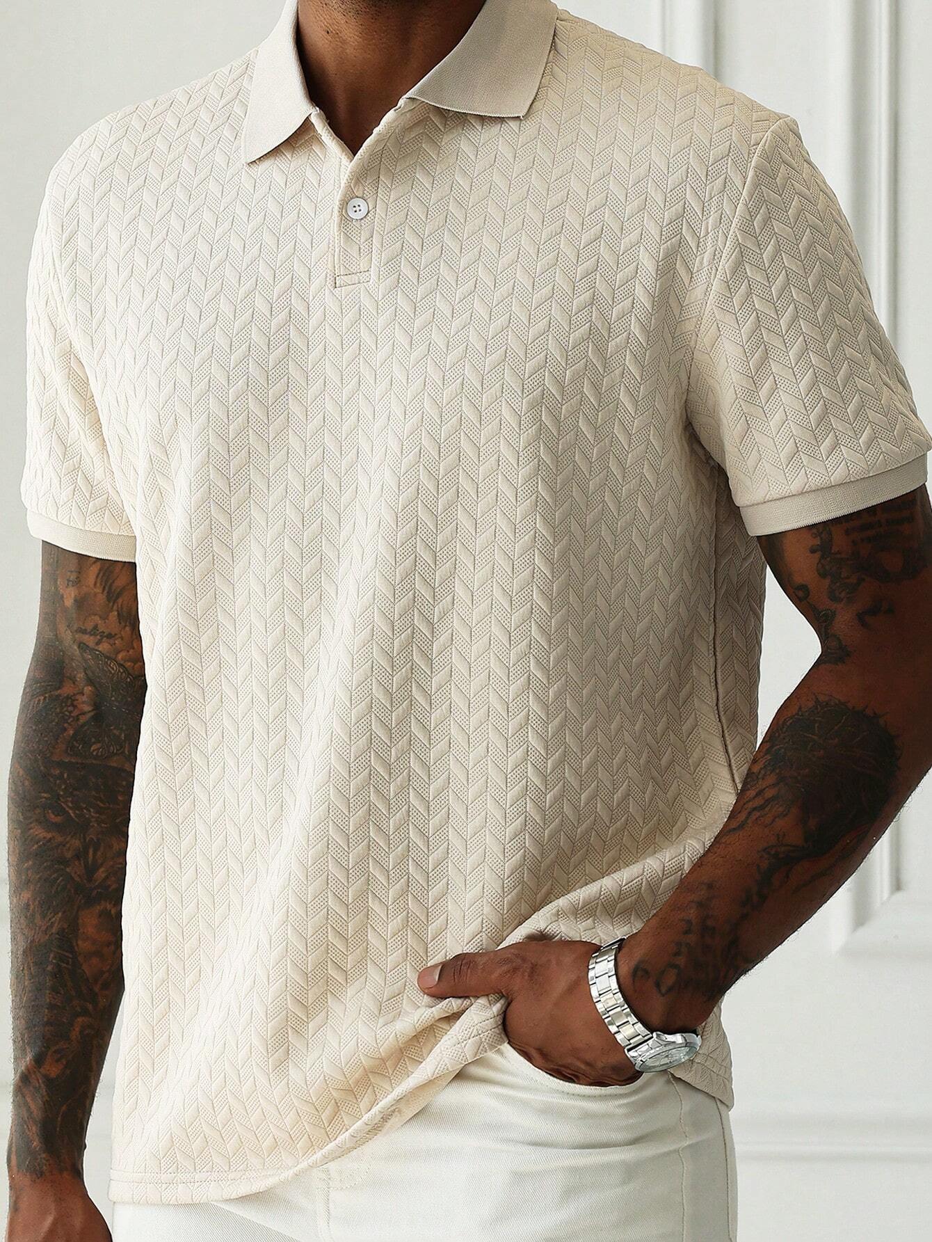 Manfinity Homme Men'S Vacation Casual Style with an Ins-Inspired Look. a Geometric Diamond-Textured Jacquard Knit Short-Sleeve Khaki Polo Shirt with a Button Placket, Perfect for Music Festivals and Hawaiian Beach Vacations, as Well as Everyday Wear-An Ideal Gift for a Boyfriend or Husband. Offers a French Elegance and Romance. Men'S Apricot Geometric Stripe Textured Casual Polo Shirt, Polos for Men , Polo Shirts for Men Collar