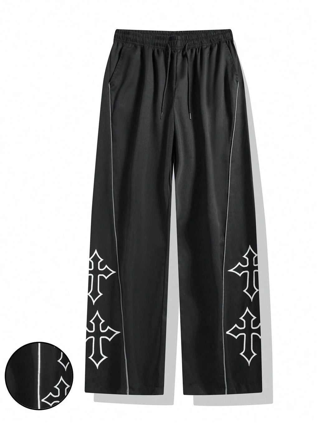 1Pc Men'S Cross Embroidery Casual Pants, Fashionable with Drawstring, Reflective Trim, Suitable for Casual, Beach, Work, Workout, Relaxed Straight Fit Pants for Spring, Summer, Autumn, Winter, Boyfriend/Husband Gift, Commemorative Gift, Fall