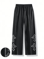 1Pc Men'S Cross Embroidery Casual Pants, Fashionable with Drawstring, Reflective Trim, Suitable for Casual, Beach, Work, Workout, Relaxed Straight Fit Pants for Spring, Summer, Autumn, Winter, Boyfriend/Husband Gift, Commemorative Gift, Fall