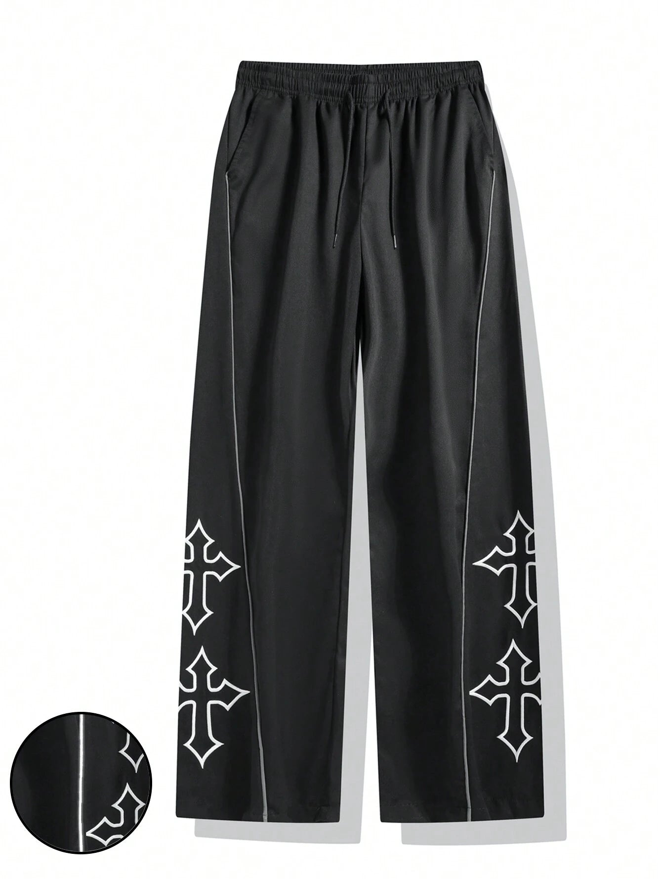 1Pc Men'S Cross Embroidery Casual Pants, Fashionable with Drawstring, Reflective Trim, Suitable for Casual, Beach, Work, Workout, Relaxed Straight Fit Pants for Spring, Summer, Autumn, Winter, Boyfriend/Husband Gift, Commemorative Gift, Fall
