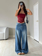 Ezwear Lace Patchwork Asymmetric Hem Sexy Sleeveless Strapless Crop Top