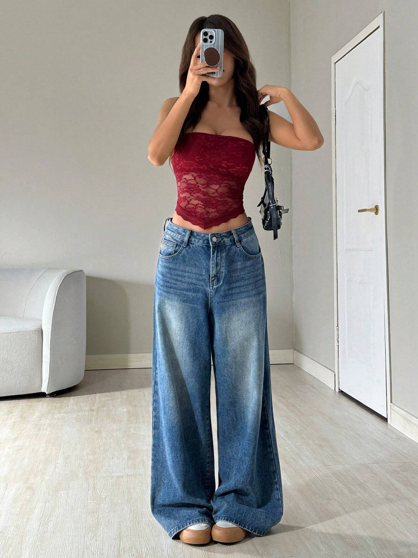 Ezwear Lace Patchwork Asymmetric Hem Sexy Sleeveless Strapless Crop Top