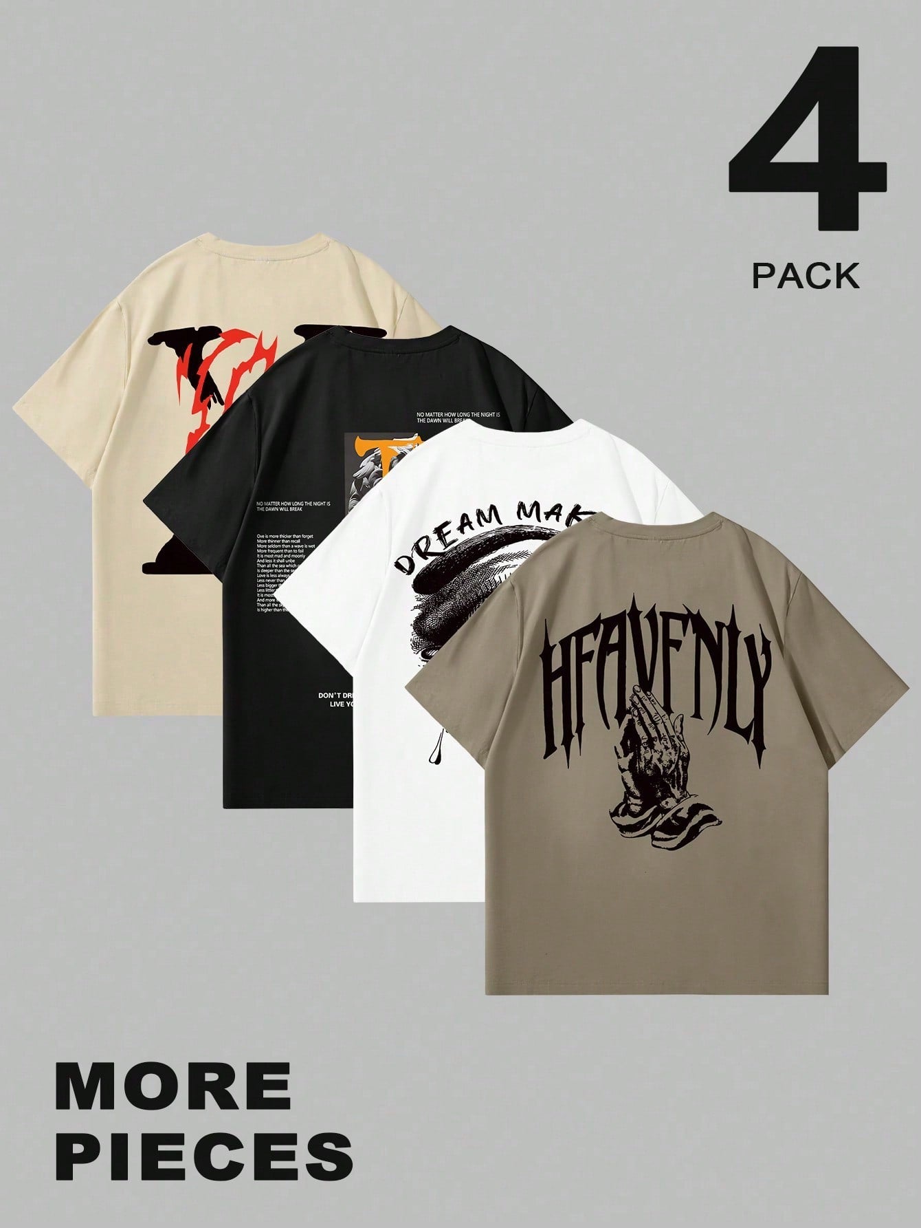 GENIUS ODE 4Pcs Men Casual Graphic and Letter Graphic Print round Neck Short Sleeve T-Shirt, Summer, for Friends