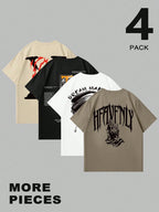 GENIUS ODE 4Pcs Men Casual Graphic and Letter Graphic Print round Neck Short Sleeve T-Shirt, Summer, for Friends