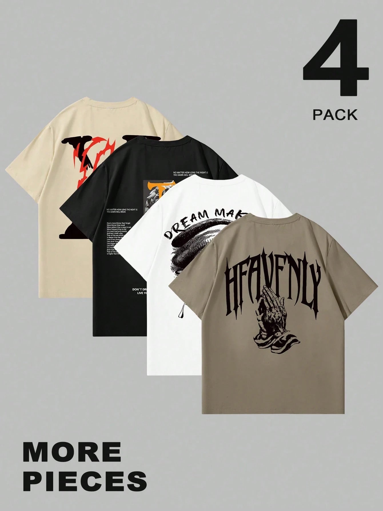 GENIUS ODE 4Pcs Men Casual Graphic and Letter Graphic Print round Neck Short Sleeve T-Shirt, Summer, for Friends