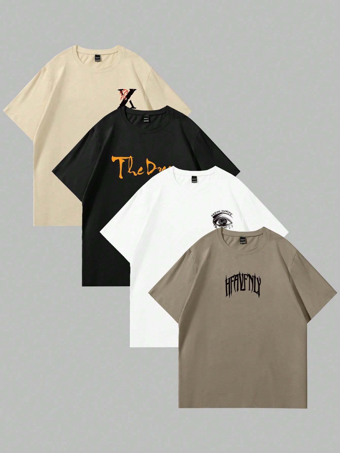 GENIUS ODE 4Pcs Men Casual Graphic and Letter Graphic Print round Neck Short Sleeve T-Shirt, Summer, for Friends