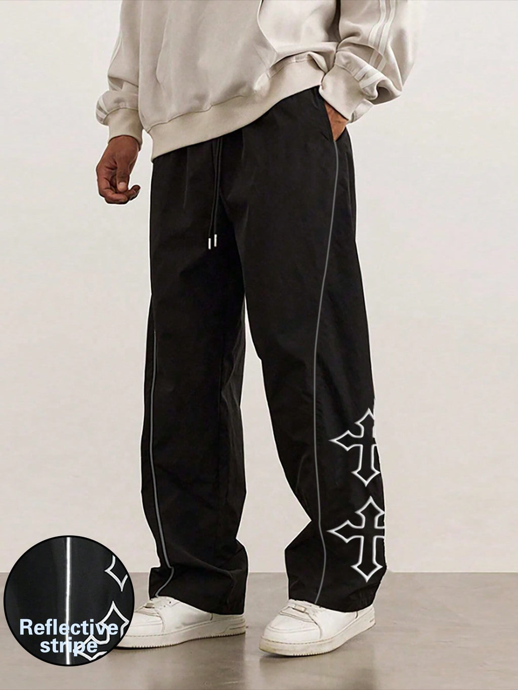 1Pc Men'S Cross Embroidery Casual Pants, Fashionable with Drawstring, Reflective Trim, Suitable for Casual, Beach, Work, Workout, Relaxed Straight Fit Pants for Spring, Summer, Autumn, Winter, Boyfriend/Husband Gift, Commemorative Gift, Fall