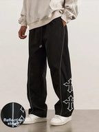 1Pc Men'S Cross Embroidery Casual Pants, Fashionable with Drawstring, Reflective Trim, Suitable for Casual, Beach, Work, Workout, Relaxed Straight Fit Pants for Spring, Summer, Autumn, Winter, Boyfriend/Husband Gift, Commemorative Gift, Fall