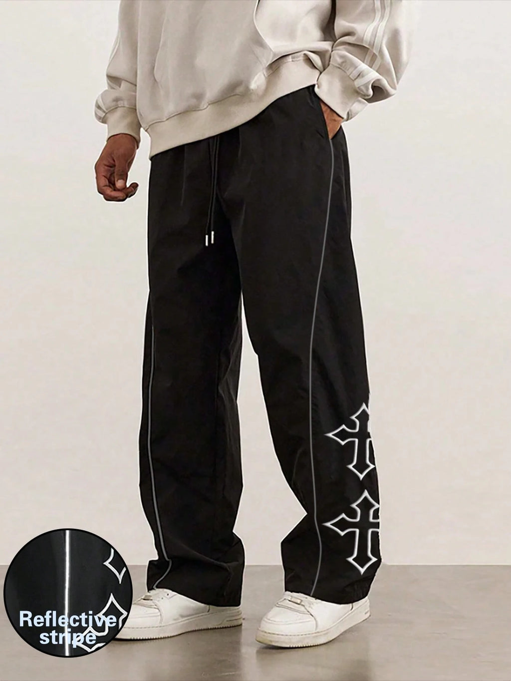 1Pc Men'S Cross Embroidery Casual Pants, Fashionable with Drawstring, Reflective Trim, Suitable for Casual, Beach, Work, Workout, Relaxed Straight Fit Pants for Spring, Summer, Autumn, Winter, Boyfriend/Husband Gift, Commemorative Gift, Fall