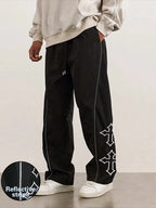 1Pc Men'S Cross Embroidery Casual Pants, Fashionable with Drawstring, Reflective Trim, Suitable for Casual, Beach, Work, Workout, Relaxed Straight Fit Pants for Spring, Summer, Autumn, Winter, Boyfriend/Husband Gift, Commemorative Gift, Fall
