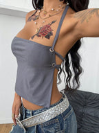 Coolane Women'S Summer Y2K Vintage Club Hot Girl Sexy Grommet Eyelet Stretchy Halter Backless Grey Halter Top